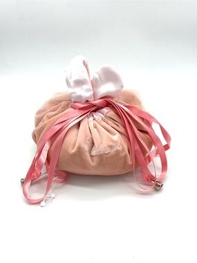 Velvet Drawstring Pouch Cosmetic Travel Bag with Ribbon Accent - Pink Peach